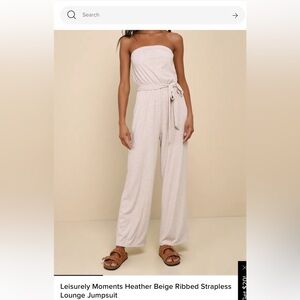 Lulus Leisurely Moments Heather Beige Ribbed Strapless Lounge Jumpsuit!